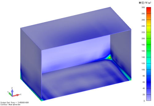 発熱密度分布コンター図／収納容器のみ／上側蓋：PP樹脂のみ